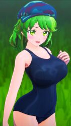 1girls 2024 3d_(artwork) armgvunasm big_breasts blurry_background grass green_hair headwear light-skinned_female mmd school_swimsuit solo_female solo_focus takane_yamashiro touhou unconnected_marketeers yamawaro youkai