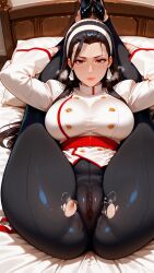 1girls ai_generated animartify bed big_breasts black_hair brown_eyes chizuru_kagura clothed dress flexible grabbing_legs hairband huge_breasts king_of_fighters legs_up light-skinned_female light_skin long_hair looking_at_viewer on_bed pale-skinned_female pale_skin pants pussy pussy_juice ripped_clothing ripping ripping_clothing ripping_pants see-through see-through_clothes see-through_clothing skirt steam thick thick_thighs tight_clothes tight_clothing tight_pants wet wet_pussy