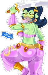 belly_dancer big_ass big_breasts big_butt big_thighs brawl_stars dancer dancer_outfit female female_only green_body green_skin looking_at_viewer looking_back mouth_veil svdielius willow_(brawl_stars) yellow_eyes