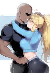 1boy 1girls ai_generated bare_arms bare_shoulders bare_thighs big_breasts blonde_hair blue_eyes blush clothed clothing color couple dark-skinned_male dark_skin female hi_res interracial large_breasts light-skinned_female light_skin long_hair looking_at_viewer male male/female married_couple meepking metroid muscles muscular muscular_male romantic_couple samus_aran tagme thick_thighs