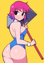 1girls back_view bare_shoulders black_eyes clothed female hammer holding_object jeffmiga looking_back pink_hair purple_hair ramona_flowers scott_pilgrim short_hair solo solo_female two_tone_hair weapon