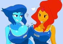 2girls adventure_time big_breasts breast_press breast_to_breast breasts clothing crossover dream-cassette female female_only fire_hair flame_princess gem_(species) grumpy hoshime lapis_lazuli_(steven_universe) short_blue_hair steven_universe swimsuit swimwear tagme