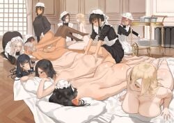 12girls 2d_(artwork) 6+girls big_ass big_breasts big_butt black_hair blonde_hair breasts_outside butt butt_grab clothed_female_nude_female dark_hair female_focus female_only grabbing_ass grey_hair harem light-skinned_female maid_uniform massage multiple_girls pleasure_face tagme throtem tits_out towel