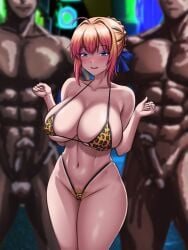 1girls 2boys abs artoria_pendragon big_breasts big_thighs blonde_hair blue_eyes blush breasts busty completely_nude completely_nude_male dark-skinned_male dark_skin fate/grand_order fate_(series) female huge_breasts huge_thighs large_breasts large_thighs ldukem69 leopard_print leopard_print_bikini light-skinned_female light_skin male multiple_penises muscular muscular_male navel night nude nude_male pubic_hair smile thick_thighs thighs voluptuous