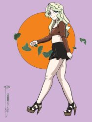 1girls artist_signature bare_legs blonde_hair blue_eyes diana_cavendish exposed_midriff high_heels ironsiderodger leaves legs light-skinned_female light_skin little_witch_academia long_sleeves skirt smile