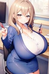 ai_generated beige_hair breasts_bigger_than_head brown_eyes gigantic_breasts huge_breasts katase_shiori long_hair massive_breasts mature_female milf milkersenjoyer my_tiny_senpai office_lady seductive_eyes seductive_smile shortstack thick_thighs thighs uchi_no_kaisha_no_chiisai_senpai_no_hanashi