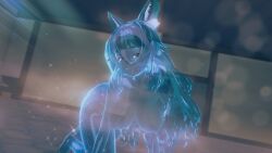 1girls all_fours alternate_body_type ass astraline bare_ass bare_shoulders bath blue_body blue_eyes blue_hair blue_slime completely_naked completely_naked_female completely_nude completely_nude_female female flowing_hair half-closed_eyes hanging_breasts large_breasts long_hair looking_at_viewer lumi_(merryweather) onsen outdoor_bathing outdoors reflective_body rock slime slime_girl slime_hair smile smiling_at_viewer sparkles translucent_body translucent_hair virtual_youtuber vtuber wickafterdark wolf_ears wolf_girl