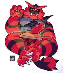 1boy 3_toes 4_fingers absurd_res anthro anthrofied ass bara big_feet big_hands black_fur box cardboard_box claws english_text erection eye_contact feet feline fingers furry green_eyes grey_fur half-closed_eyes hi_res humanoid_genitalia humanoid_penis incineroar looking_at_viewer male male_only muscular muscular_male nintendo paws penis pokémon_(species) pokemon pokemon_sm red_fur simple_background solo stripes tail tehbluebubble testicles text veins video_games watermark white_background yellow_sclera