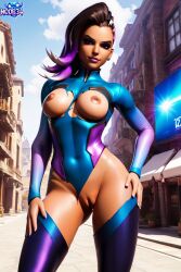 ai_generated leather noob34 olivia_colomar overwatch overwatch_2 pinup pussy solo solo_female sombra thighhighs torn_clothes