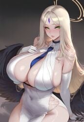 1girls ai_generated ayumu_(blue_archive) blonde_hair blue_archive breasts female green_eyes halo hi_res hips huge_breasts light-skinned_female light_skin long_hair mocase thick_thighs thighs wide_hips wings