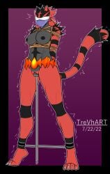 anthro_only blindfold bondage bound claws dildo domestic_cat felid feline felis female female_incineroar gag generation_7_pokemon hi_res incineroar layered_gag mammal muscular nintendo one_bar_prison pokemon pokemon_(species) restraints rope sex_toy shaking spreader_bar tiptoes trevhart vibrator