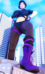 3d 3d_(artwork) asian asian_female big_breasts breasts building building_destruction city colossalwitch exposed_midriff female female_focus female_only giantess light-skinned_female light_skin macro midriff purple_hair reina_mishima smug smug_face smug_grin solo solo_female solo_focus tekken tekken_8