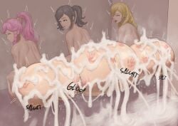 3girls absurdres after_sex ass blonde_hair bound breasts brown_hair completely_nude cum cum_on_ass cynthia_(fire_emblem) english_text excessive_cum female_focus femsub fire_emblem fire_emblem_awakening highres huge_ass long_hair looking_back maribelle_(fire_emblem) medium_breasts megabust multiple_girls nintendo nude olivia_(fire_emblem) open_mouth pink_hair ponytail restrained rolling_eyes side_ponytail spank_marks spanked stuck through_wall tongue tongue_out