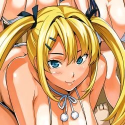 bangs bare_shoulders bending_over blonde_hair blue_eyes blush color colored female female_focus female_only hair_between_eyes hair_tie hairclip huge_breasts long_hair looking_at_viewer manga_page minato_saya neck_ribbon ribbon ribbon_in_hair smile smiling smiling_at_viewer takeda_hiromitsu tsundero twintails