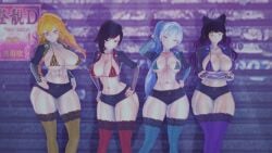 4girls black_hair black_hair_female blake_belladonna blonde_female blonde_hair blue_eyes bow bra breasts cleavage female female_only half-dressed half_naked human multiple_girls pose posing purple_eyes red_highlights ruby_rose rwby short_shorts silver_hair stormstriker team_rwby weiss_schnee white_hair white_hair_female yang_xiao_long yellow_eyes