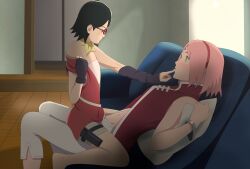 2girls adult adult_and_teenager assertive assertive_female barefoot before_sex black_hair boruto:_naruto_next_generations cowgirl_position dress female female/female female_only glasses incest indoors looking_at_another mother_and_daughter multiple_girls naruto naruto_(series) older_female optimystic petite pink_hair sakura_haruno sarada_uchiha shushing sitting sitting_on_person small_dom_big_sub teenager undressing younger_female yuri