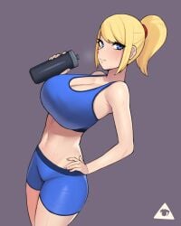 1girls 2020 blonde_hair blue_eyes blush booty_shorts breasts donburikazoku female female_only fully_clothed grey_background looking_at_viewer metroid ponytail revealing_clothes samus_aran short_hair solo sports_bra sweat tight_clothing water_bottle white_skin