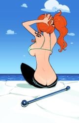 1girls ass ass_focus back back_view backboob bare_arms bare_shoulders big_ass big_breasts big_butt bikini bra breasts clothed clothing color eromamgasemsei3 female female_focus female_only hi_res large_breasts light-skinned_female light_skin long_hair nami nami_(one_piece) one_piece orange_eyes orange_hair outdoors pre-timeskip shounen_jump sitting solo solo_female tagme thick_thighs water