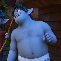 1:1 2026 2boys accurate_art_style ai_generated barley_lightfoot blue_hair blush briefs chatgpt chubby disney edit elf elf_ears gay ian_lightfoot male male_only nipples onward_(2020) pixar screencap staff underwear white_underwear yaoi