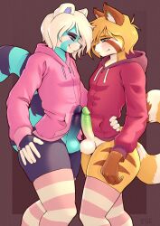 absurd_res ailurid anthro blue_body blue_fur blush clothing duo elie_(artist) femboy frottage fur genitals hi_res hoodie legwear male male/male mammal orange_body orange_fur penile penis red_panda saur_(thatsaurguy) sex standing stripes thigh_highs topwear torkle