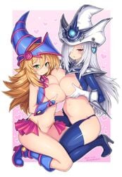 2020 2girls alternate_breast_size asymmetrical_docking big_breasts blonde_hair blush boots breast-to-breast breast_hold breast_press breasts cleavage dark_magician_girl dated eye_contact female female_only gloves green_eyes hair_over_one_eye half-closed_eyes hat high_heels high_resolution large_breasts long_hair looking_at_viewer multiple_girls navel red_eyes ros saltydanshark shioboi shoes shounen_jump silent_magician source_request symmetrical_docking text thick_thighs thigh_boots thighhighs watermark white_hair wide_hips yu-gi-oh! yuri