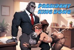 ai_generated blowjob brown_hair femboy gorilla male/male male_focus oval_office ponytail president secretary