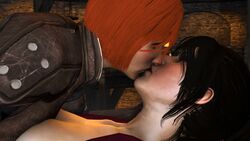 2girls 3d artist_unknown clothed clothed_female dragon_age dragon_age_inquisition gloves highres kissing leliana lesbian_sex morrigan_(dragon_age) nude_female red_hair tongue_kiss yuri