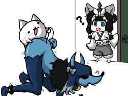 1boy 2girls 2girls1boy anthro basic_cat black_hair blue_body blue_eyes blue_fur blue_hair blue_skin blush_lines blushing bowtie butterfly cat cat_ears cat_humanoid cat_tail catgirl caught caught_in_the_act covered_nipples covering_breasts devil_wife_(the_battle_cats) doggy_style dot_eyes epicfest_(the_battle_cats) exclusiv_cat female fucked_silly fur furry furry_ears furry_female furry_only furry_tail half_naked jizogod male mitama_(battle_cats) mouth_open pleasure_face question_mark satisfied sex shocked simple_background simple_eyes standing tagme the_battle_cats white_background