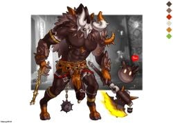 axe balls chains claws finger_claws genital_piercing genitals hi_res hooves horn kheng male muscular muscular_male nipple_piercing nipple_ring nipples pecs penis penis_piercing piercing prince_albert_piercing ring_piercing scrotum_piercing simple_background solo standing weapon