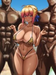 1girls 2boys abs artoria_pendragon big_breasts big_thighs blonde_hair blue_eyes blush breasts busty completely_nude completely_nude_male dark-skinned_female dark-skinned_male dark_skin daylight fate/grand_order fate_(series) female huge_breasts huge_thighs large_breasts large_thighs ldukem69 leopard_print leopard_print_bikini male multiple_penises muscular muscular_male navel nude nude_male pubic_hair smile tanned tanned_female tanned_girl tanned_skin thick_thighs thighs voluptuous