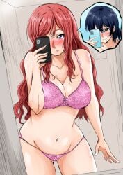 aged_up blue_hair blush body_swap cellphone large_breasts long_hair love_live! mirror navel nishikino_maki open_mouth pink_bra pink_panties purple_eyes red_hair selfie shogo_(4274732) sonoda_umi underwear yellow_eyes