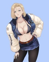 1girls android_18 artist_name bikini_top blonde_hair blue_eyes blue_nails busty capsule_corporation_logo cleavage denim_skirt dragon_ball dragon_ball_z hand_on_hip jacket leaning_forward leggings letterman_jacket light-skinned_female light_skin meziosaur open_jacket painted_fingernails painted_nails