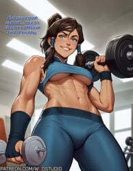 1girls abs ai_generated avatar_legends bare_shoulders biceps blue_eyes blush bra breasts brown_hair clothing crop_top dark-skinned_female dark_skin dumbbell english_language english_text exercise female female_only fingerless_gloves gloves grin gym holding indoors korra large_breasts long_hair looking_at_viewer medium_breasts midriff muscle muscular_female navel nickelodeon nicktoons obliques original pants ponytail shirt smile solo sports_bra stomach sweat tank_top text the_avatar the_legend_of_korra thighs tied_hair toned underboob underwear water_tribe weightlifting wodstudio yoga_pants