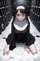 after_rape after_sex after_vaginal ai_generated alley anime anime_style black_hair crying crying_with_eyes_open cum cum_dripping cum_dripping_out_of_pussy dress girl indika indika_(game) kneeling kneeling_female nun on_the_ground prison prison_cell raped red_eyes snow snowing spread_legs tagme used