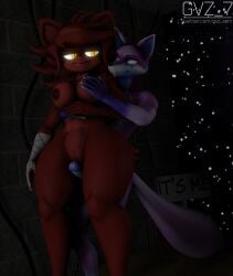 3d 3d_(artwork) anthro between_legs breasts canid canine canis duo fazclaire's_nightclub female fexa fexa_(cryptiacurves) five_nights_at_freddy's fox foxy_(cally3d) foxy_(fnaf) genitals gvz_7 hi_res male male/female mammal penis scottgames striker_(gvz_7) wolf