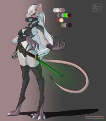 anthro clothed clothing comic female hair hi_res invalid_tag katana leather mammal melee_weapon murid murine rat red_eyes rodent scalesindark sword text url weapon white_body white_hair