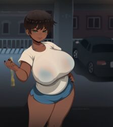 1girls bare_thighs dark-skinned_female dark_hair dark_skin female female_focus female_only green_eyes iri_(sandcavern) looking_at_viewer parking_lot sandcavern short_hair shorts solo solo_female solo_focus thick_thighs translucent_clothing wet_shirt