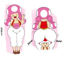 1boy 1girls ambiguous_background ass breasts cleavage clothing facesitting female female_focus full_body happy huge_breasts joaoppereiraus large_ass large_breasts male mario_(series) motion_lines nintendo open_mouth simple_background smaller_male smile standing thick_thighs thighs toad_(mario) toadette