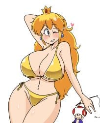 1boy 1girls 2024 arm_behind_head armpits big_breasts bikini blonde_hair breasts busty child_bearing_hips cleavage confident crown curvy earrings female female_focus heart huge_breasts long_hair male mario_(series) navel nintendo one_eye_closed pose posing princess_peach smile solo_focus sugar_(pixiv8897706) swimsuit thick_thighs thighs toad_(mario) white_background wide_hips