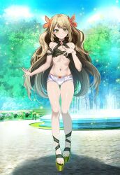 1girls ass_visible_through_thighs blonde_hair blue_sky blush bow bow_panties butterfly_hair_ornament celine_(fire_emblem) closed_mouth day female female_only fire_emblem fire_emblem_engage fountain full_body green_eyes green_footwear hair_ornament high_heels highres long_hair looking_at_viewer nintendo outdoors panties park shadow sky smile solo standing tree tsukishiro_saika underwear very_long_hair white_panties