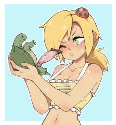 1girl animal_penis bestiality bikini blonde_hair breasts commentary emotionless_sex english_commentary erection expressionless green_eyes gummuru hetero looking_to_the_side navel nervous nervous_sweating one_eye_closed original penis ponytail size_difference sweat sweatdrop swimsuit turtle uncensored zoophilia