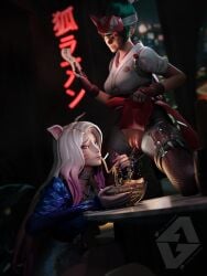 2girls 3d ahri fishnets k/da_ahri k/da_series kiriko_(overwatch) league_of_legends overwatch overwatch_2 peeing peeing_on_furniture piss_drinking piss_drinking_from_straw vganimated