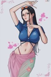 1girls bare_arms big_breasts black_hair blue_eyes blush clothed clothing color female female_focus female_only hi_res large_breasts light-skinned_female light_skin long_hair looking_at_viewer nico_robin one_piece prixmal shounen_jump solo solo_female sunglasses sunglasses_on_head tagme thick_thighs