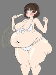 1girls 2024 bbw big_breasts bikini blush brown_hair color digestion_noises english_text fat grey_background hooligan_freak huge_belly ice_cream looking_at_viewer makoto_niijima obese_female onomatopoeia overweight overweight_female persona_5 red_eyes short_hair stomach_noises tagme thick_thighs