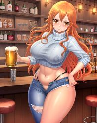 ai_generated angry_face beer_mug female female_only ginger huge_breasts nami nami_(one_piece) one_piece post-timeskip stable_diffusion thong_straps torn_jeans turtleneck_sweater visible_underwear whale_tail zarazin