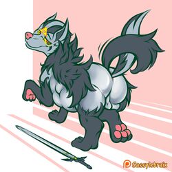 1:1 1boy after_vore ass belly big_ass big_belly feral fur furry grey_body grey_fur half-closed_eyes hi_res male master_sword melee_weapon mightyena narrowed_eyes nintendo original_character patreon paws pokémon_(species) pokemon pokemon_rse sassylebraix seductive seductive_eyes simple_background slightly_chubby solo stomach_bulge sword tailwag testicles text thick_thighs video_games vore watermark weapon wide_hips