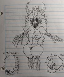 'the 1girls 2boys big_breasts big_hips big_horns breasts coronation_day_(creepypasta) creepy creepy_face creepy_smile creepypasta crown demon demon_girl earrings entity female hips horns long_hair male male/female mario_(series) nightmare_fuel nightmare_waifu nipples princess_peach princess_peach_(coronation_day) pussy roots royalty sketch smile smiling spanish_text super_mario_world text thick_thighs thighs