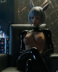 1girls 3d bondage breasts city_background crossed_legs dominant dominant_female dominatrix exposed_breasts ffxiv final_fantasy final_fantasy_xiv glowing_eyes latex latex_suit miqo'te pinup reverse_bunnysuit stare tipsynd white_hair y'shtola