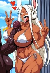 1boy 1girls abs ai_generated animal_ears bikini boku_no_hero_academia breasts dark-skinned_female dark-skinned_male dark_skin double_v duderu hands_up heart hi_res highres interracial large_breasts large_penis long_hair micro_bikini mirko miruko muscular muscular_female my_hero_academia open_mouth paizuri rabbit_ears rabbit_girl rumi_usagiyama saliva straight swimsuit teeth testicles tongue tongue_out upper_teeth_only veiny_penis white_bikini white_hair