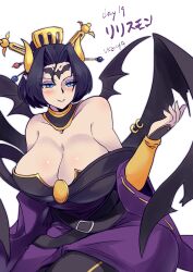 1girls 2022 big_breasts black_hair blue_eyes breasts cleavage clothed demon_girl demon_horns demon_wings digimon eyeshadow female horns huge_breasts lilithmon lipstick short_hair smile solo solo_female succubus tagme ukenya wings